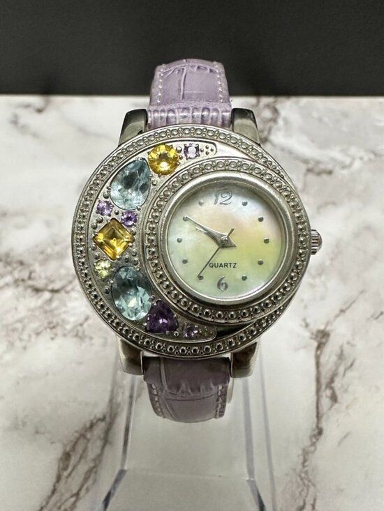 Rhinestone Watch Women Silver Tone Mother of Pearl Dial Leather Band New Battery main image 4